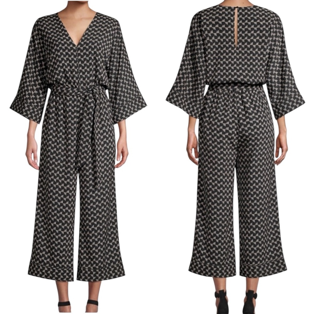 Joie Burgess Jumpsuit Black Wide Leg Cropped Geometric Print Belted Women’s S